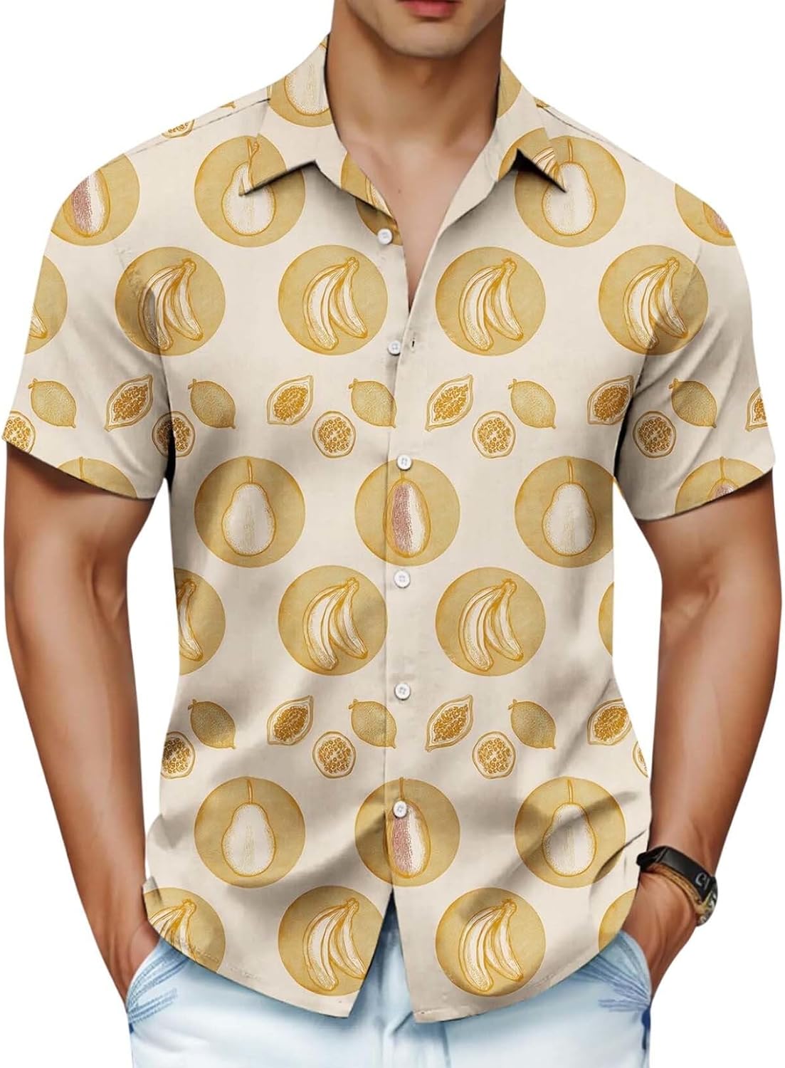 Skiennix Men's Hawaiian Shirt - Unique Fruit Print for Summer Vacations | Tropical Button-Up Tee