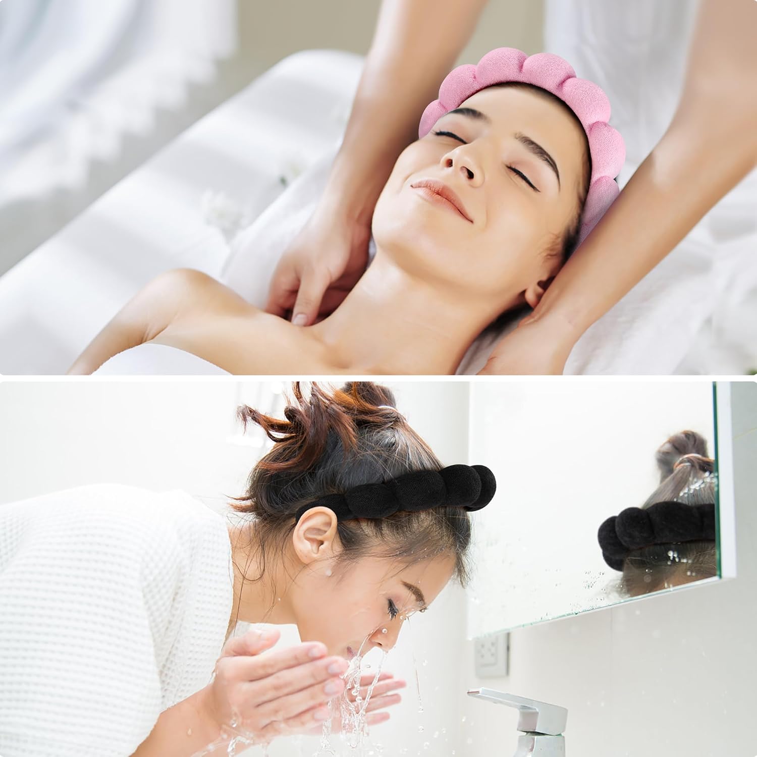 Ztomine Spa Headbands - Set of 2 Terry Cloth Skincare Headbands for Washing Face | Black & Pink