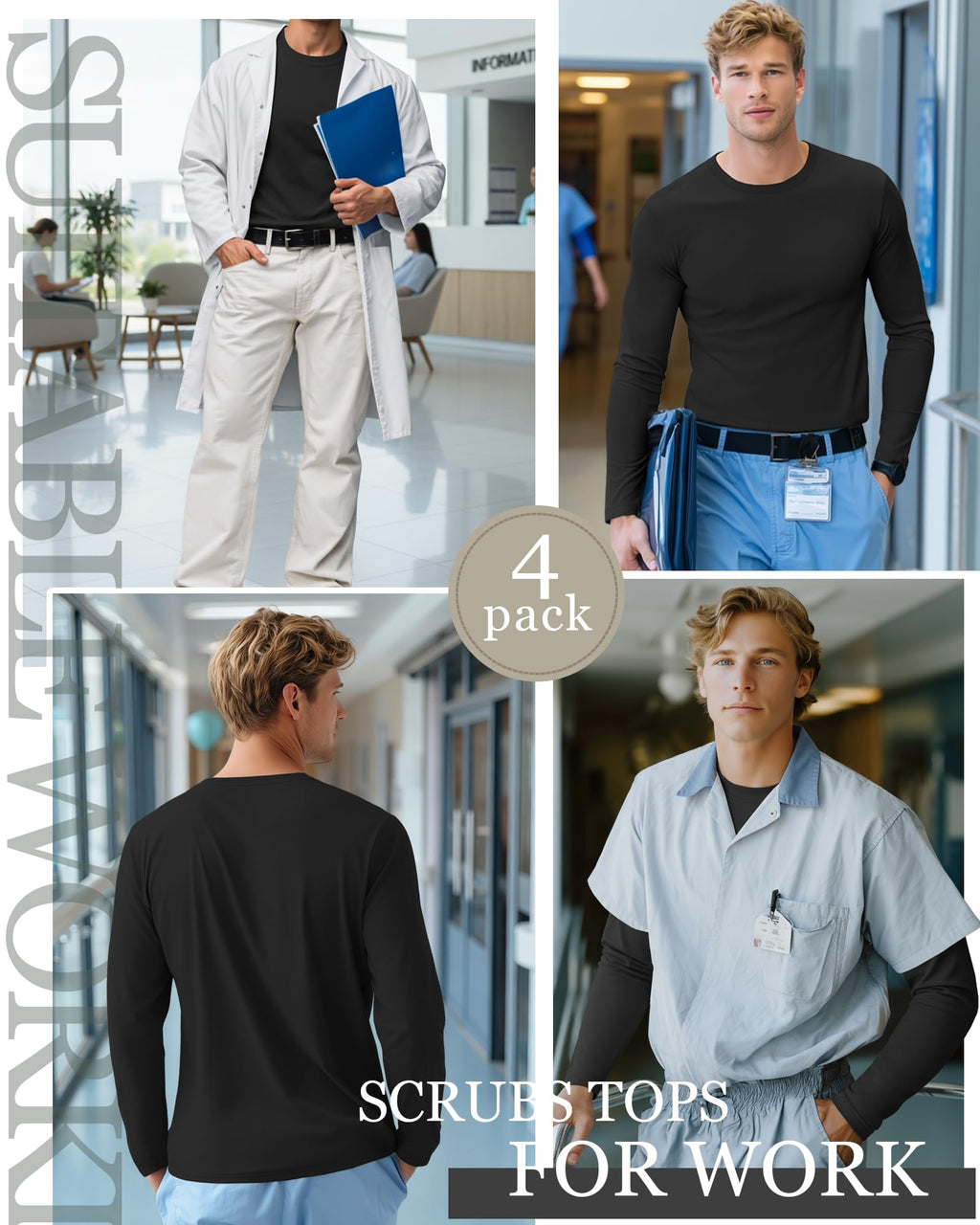 August Alley 4 Pack Men's Long Sleeve Underscrub Shirts Nurse Crewneck Work Tops Stretchy Laying Undershirts Basic Tee(Black,Large)