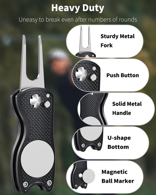 GreenHaven 4 Pack Foldable Golf Divot Repair Tool with Magnetic Ball Marker and Pop-up Button Green Tool Accessories with Metal Fork Tine and Metal Handle for Golfers，Blue&Black&red