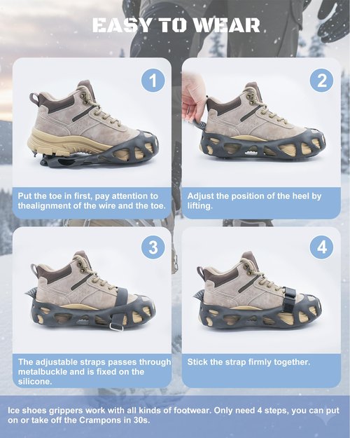 Ice Cleats for Shoes and Boots, Non-Slip Gripper for Shoes, Ice Traction Cleats with 30 Steel Studs Crampon for Walking On Snow and Ice, Shoe Grips for Ice Fishing, Hiking, Snow Shoveling
