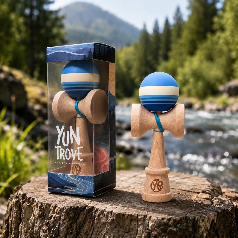Kendama Beech Wood Skill Toy with Retro Stripe Ball Design - Ocean Breeze Variation
