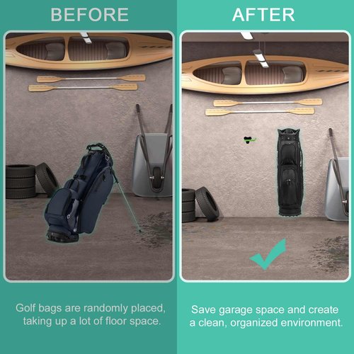 FEYRUN Wall Mounted Golf Bag Hook, 2 Bags Storage Racks Perfect for Garage Organization, Space Saving Hanging Organizer (Black)