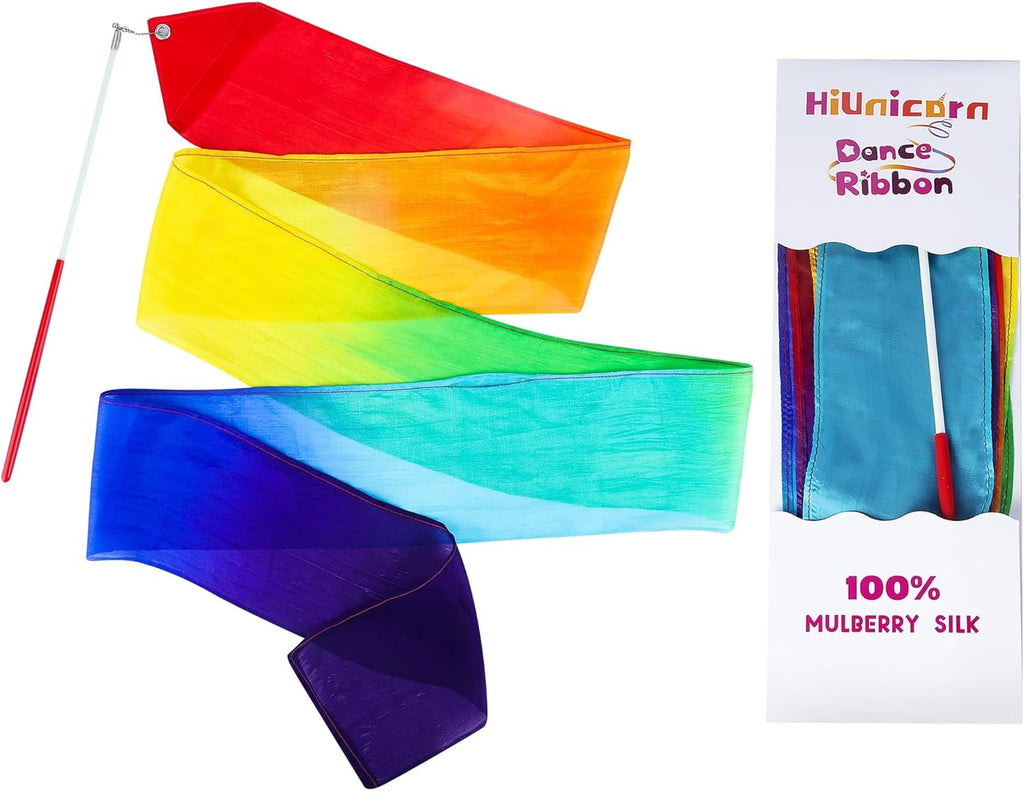 Skiennix 100% Silk Dance Ribbons - Rainbow Streamers for Kids' Gymnastics & Party Decor