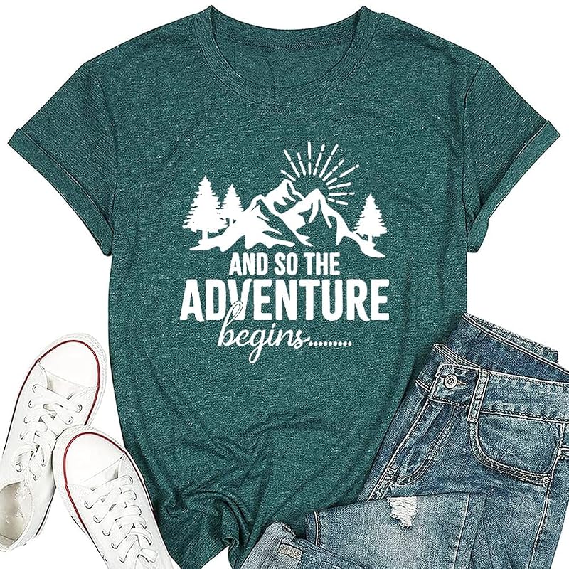 Women’s Mountain Adventure Begins Graphic Tee – Camping Hiking Shirt, Green, Large