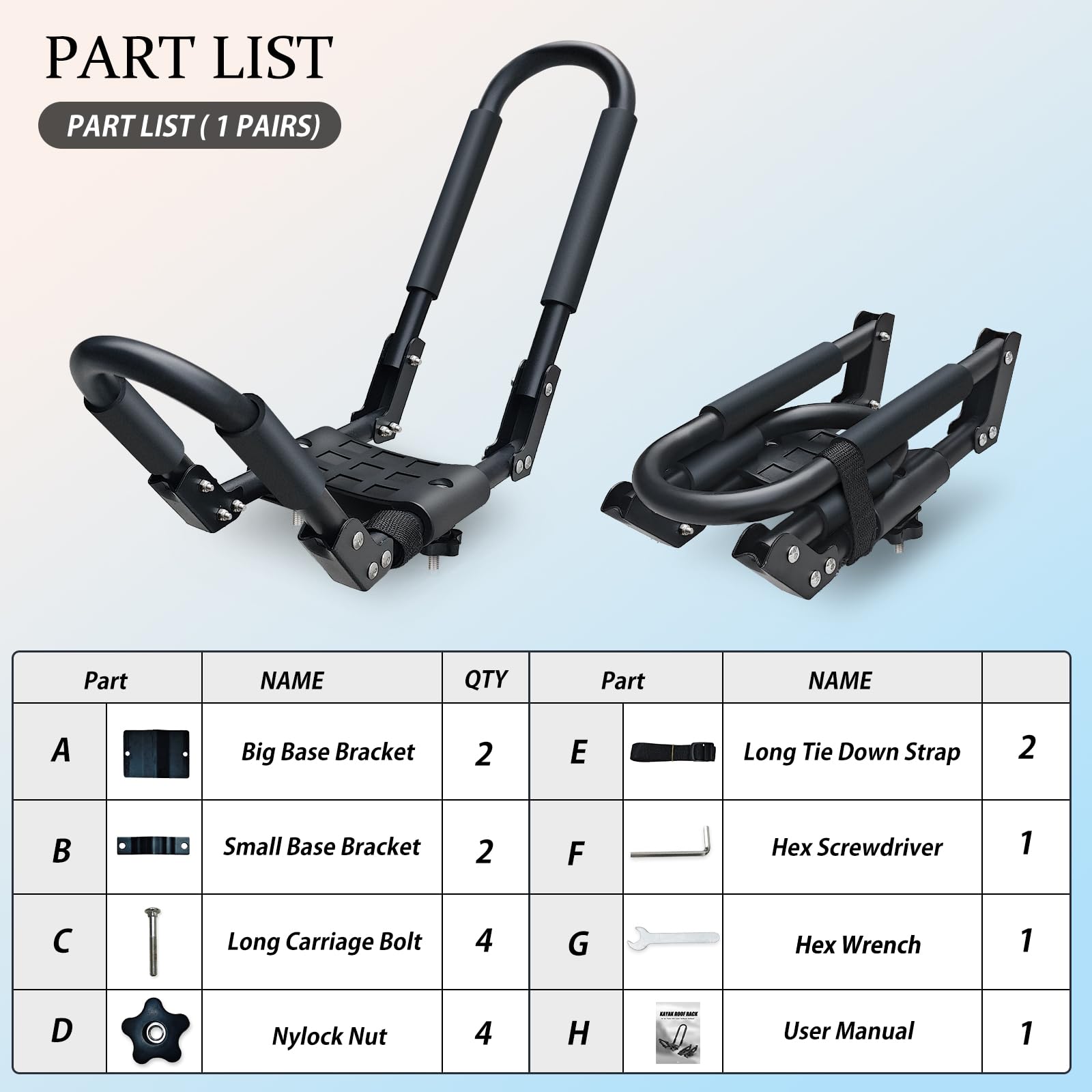 SUDOO Folding Kayak Roof Rack 1 Pair 2pcs Foldable J-Bar Heavy Duty Kayak Carrier Universal Fit for Square Oval Factory Crossbars for Kayaks Canoes Surfboards Ski Boards