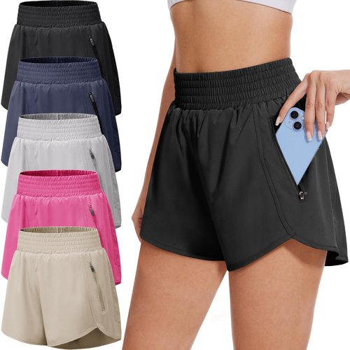 BALENNZ Women's 5 Pack Athletic Workout Shorts with Zipper Pockets Activewear Elastic Waist Gym Running Shorts,X-Large