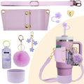 SHEGZHUC 7 PCS Stanley Cup Accessories, Leather Water Bottle Adjustable Strap, Straw Toppers & Protective Cup Holder for 30-40 OZ (880-1180 ml), 4 Pendant Tumbler Accessories (Purple)