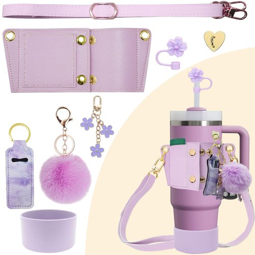 SHEGZHUC 7 PCS Stanley Cup Accessories, Leather Water Bottle Adjustable Strap, Straw Toppers & Protective Cup Holder for 30-40 OZ (880-1180 ml), 4 Pendant Tumbler Accessories (Purple)