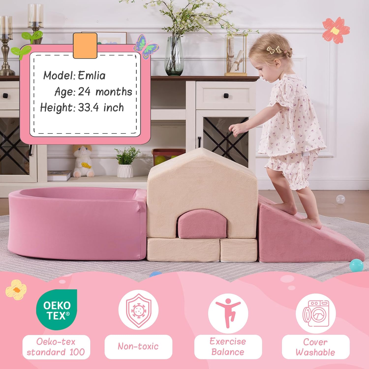 Skiennix 5-Piece Foam Climbing Blocks - Mini House-Shaped Soft Play Set with Ball Pit | Pink & Beige