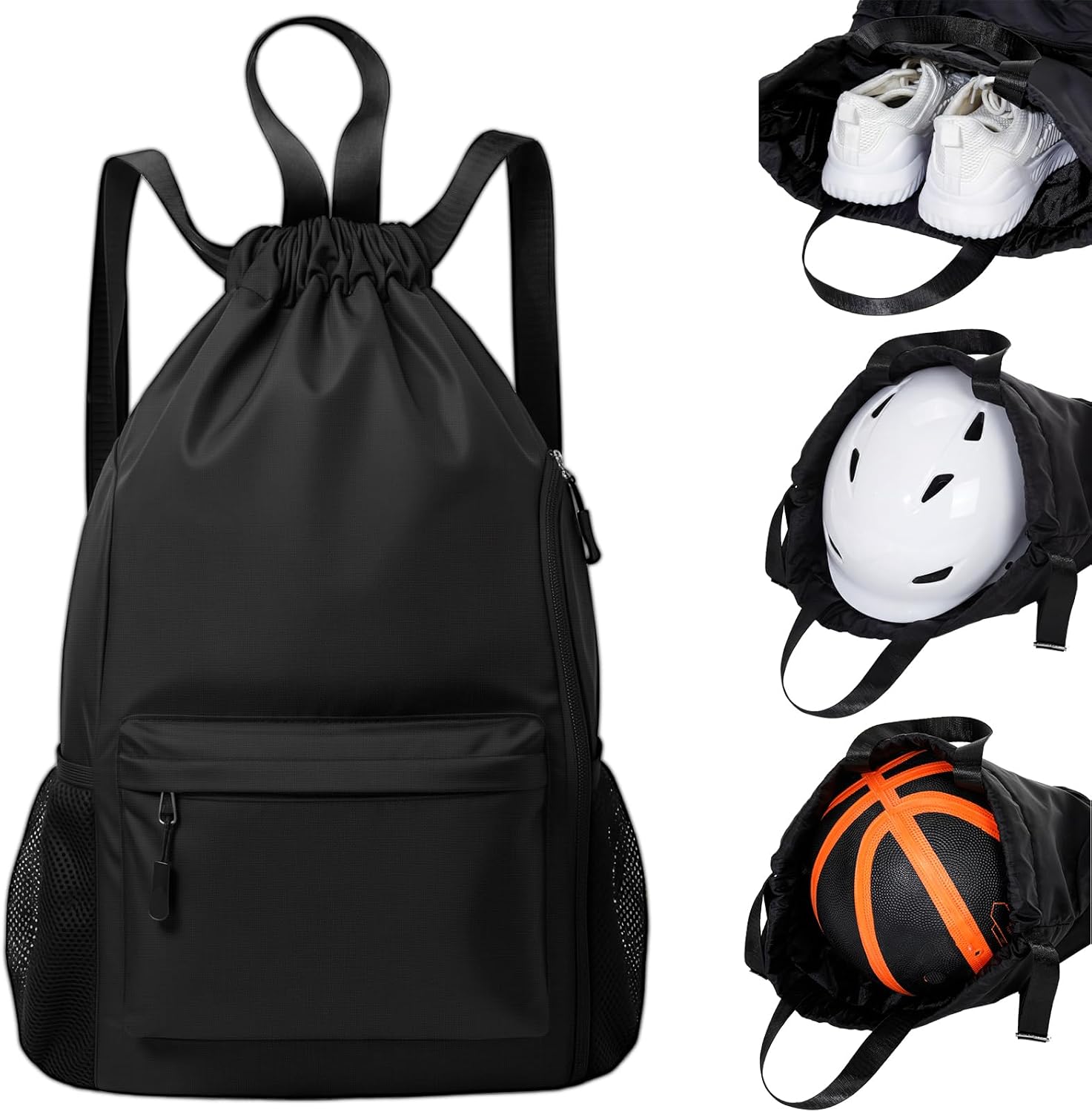 Skiennix Black Basketball Drawstring Backpack - Extra-Large Waterproof Gym Bag with Mesh Pocket for Men & Women