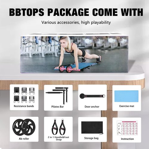 BBTOPS Pilates Bar Kit with Resistance Bands, Pilates Equipment Exercise Bar with Ab Roller for Abs Workout, Portable Home Gym Yoga Fitness Bar for Women & Men (Black)