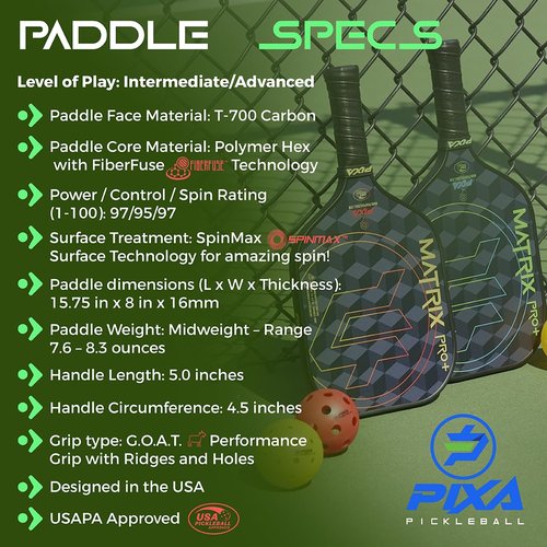 PIXA Matrix Pro Plus T-700 Carbon Face, 16mm, Friction Surface, Intermediate/Professional, Great Power, Control, Spin! USAPA Approved, Great Gift!