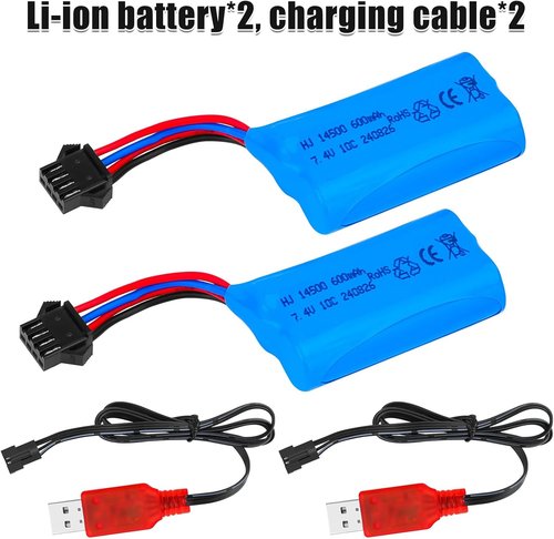 Crazepony 7.4V Li-Ion 600mAh Rechargeable Battery - SM-4P Plug & Charger Cable for RC Vehicles | 2 Pack