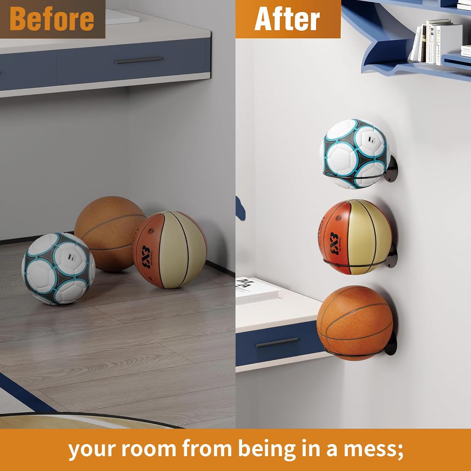 Wall Mount Ball Display Rack - Sports Ball Storage Holder for Basketball, Football & Soccer