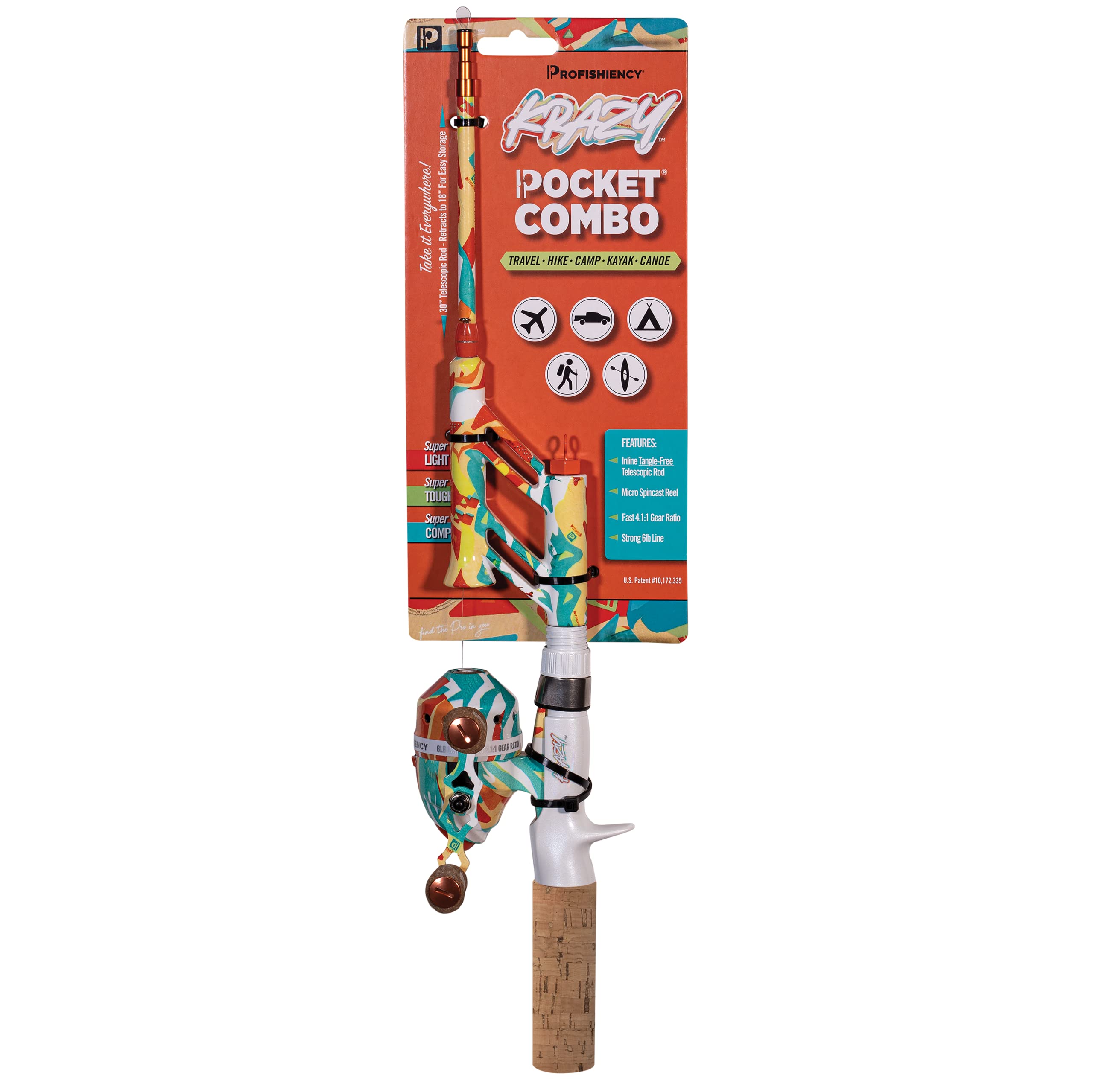 ProFISHiency Krazy Pocket Combo | 30” Light Action Tangle-Free Telescopic Fiberglass Rod | Micro Spincast Reel 4.1:1 Gear Ratio | Pre-Spooled w/ 6lb Line