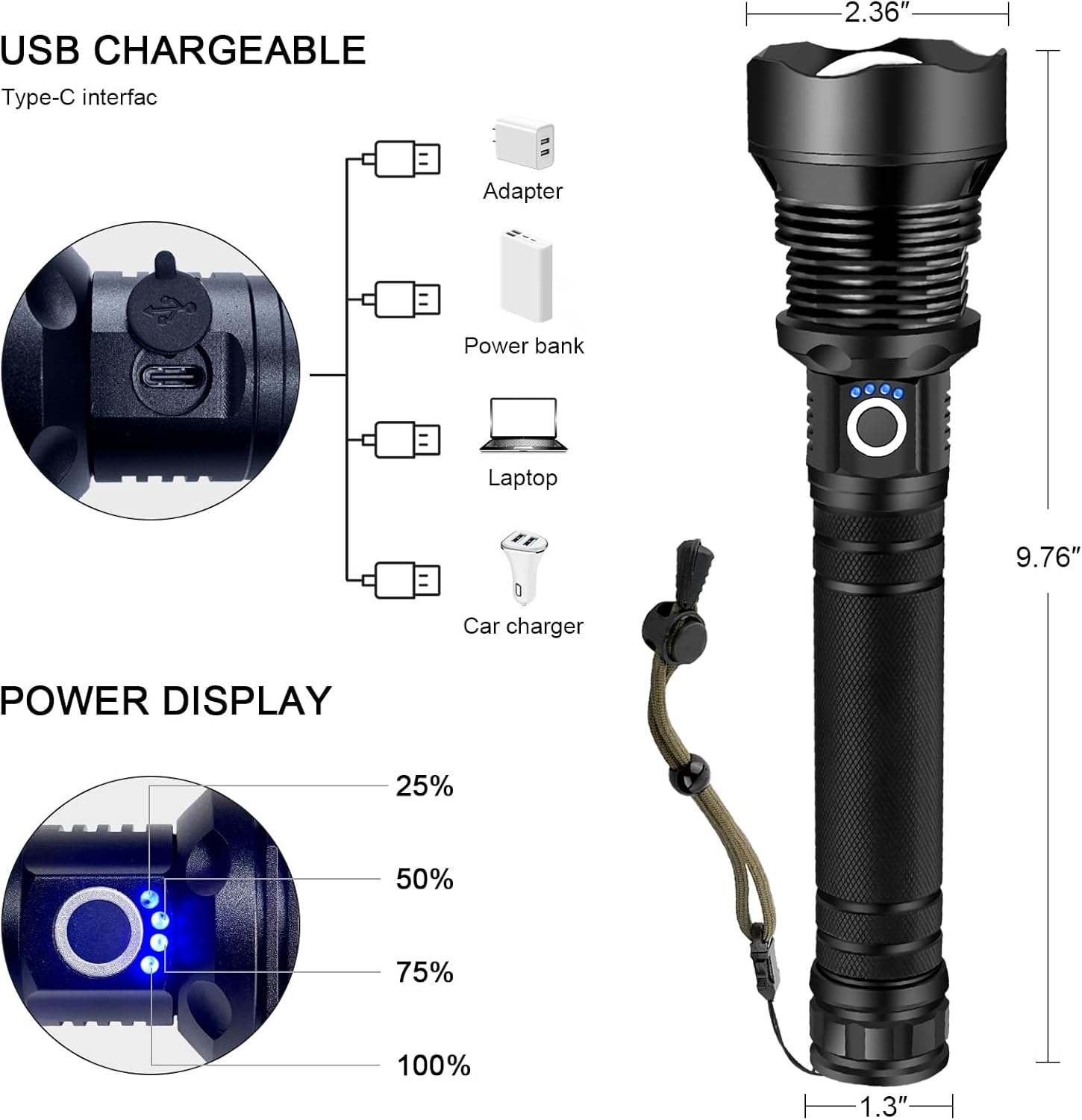 OMALIGHT Rechargeable LED Flashlight - 90,000 Lumens Super Bright Tactical Light | Waterproof, Zoomable, 10 Modes