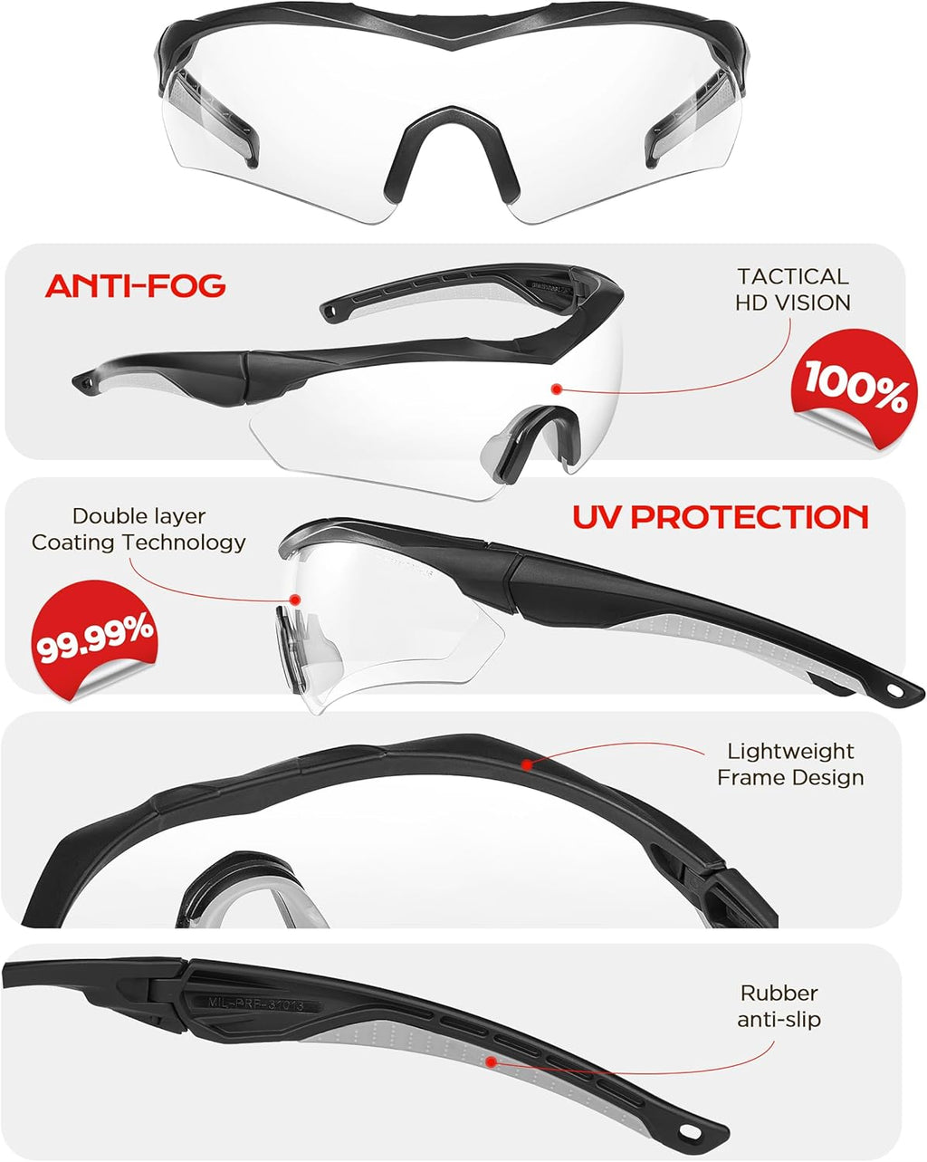Skiennix Anti-Fog Shooting Glasses - Tactical Wrap-Around Design | Clear HD Lens & UV Protection