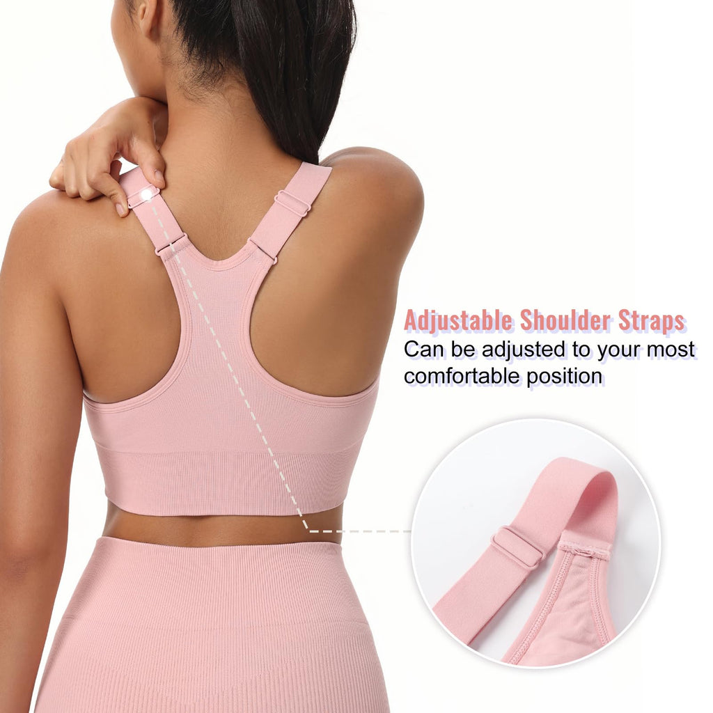 Zip Front Sports Bras for Women Adjustable Racerback Medium Support Bras Padded Post-Surgery Bras Seamless Yoga Athletic Bra