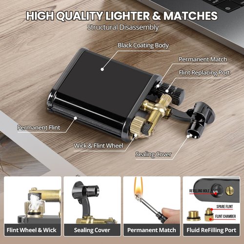 CHOICEDC Vintage Trench Lighter, Permanent Match, Cool Pipe Lighter, Unique Metal Lighters, Antique Kerosene Lighters Fluid Refillable, Reusable Waterproof Forever Matches, Classic Gift for Men,Black