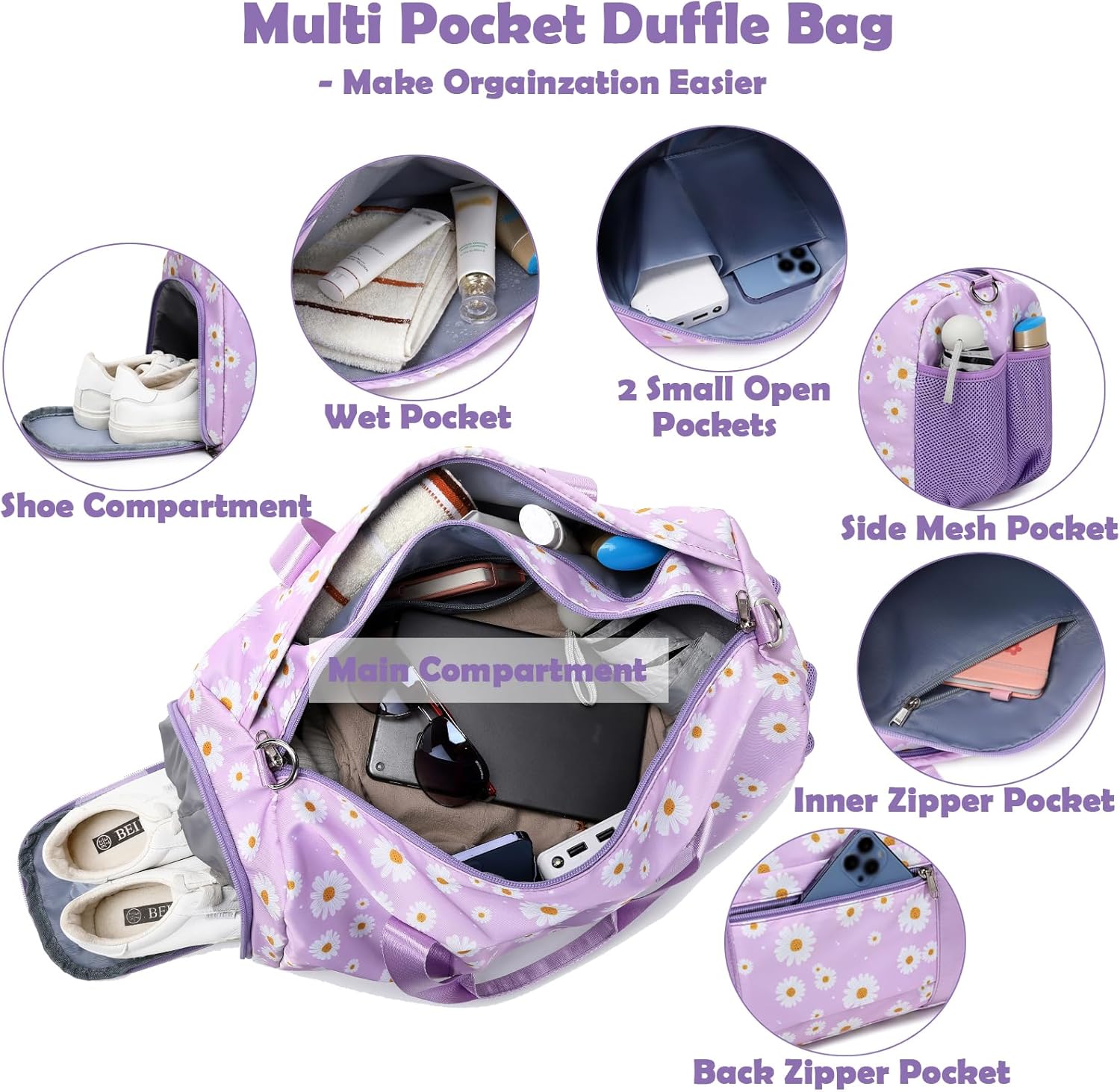 Skiennix Duffle Bag - Purple Daisy Dance Gym Bag with Wet & Shoe Compartments | Perfect for Travel & Sleepovers
