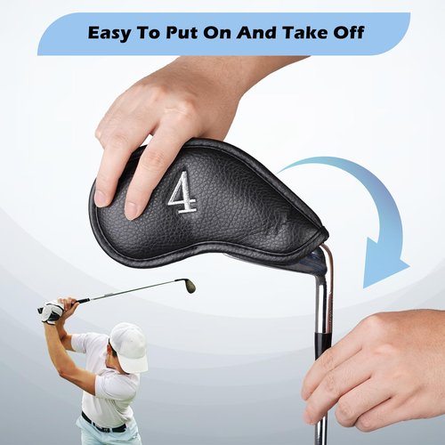 Craftsman Golf Magnetic Closure Classic Black Leather Iron Headcover Covers Set 10pcs with Silver No. on Both Sides for Left and Right Golfer (A: Black with Silver No.)