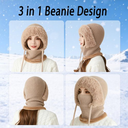 3 in 1 Beanie Hat with Scarf and Mask, Women’s Plush-Lined Winter Balaclava, Wind-Resistant Knitted Hooded Scarf & Ski Mask Set for Cold Weather (Khaki)
