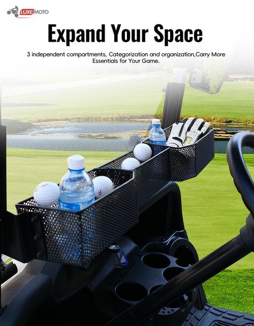 LUXEMOTO Golf Cart Inner Front Storage Basket for E-Z-GO RXV 2008+, No Drilling Combined Steel Independent Front Inner Dash Tray Storage Organizer for EZGO RXV 2008-2025 Accessories, Black