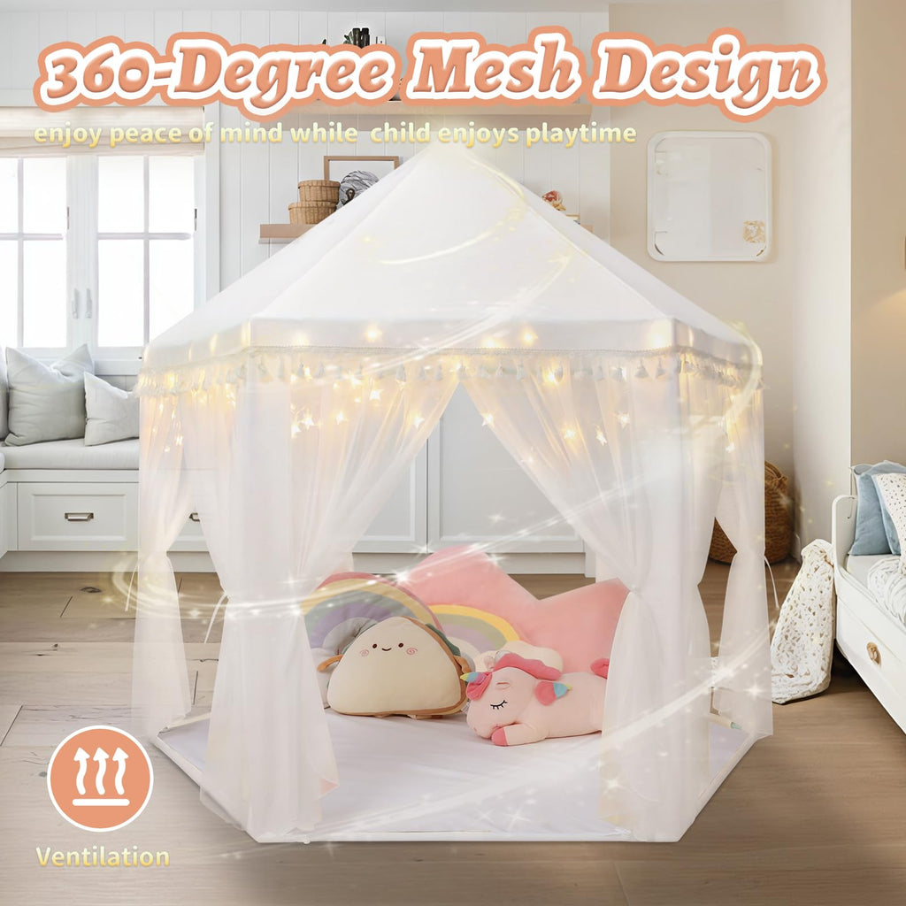 Monobeach White Princess Tent Girls Tassel Decor Large Playhouse Kids Castle Play Tent with Star Lights Toy for Children Indoor and Outdoor Games, 55'' x 53'' (White Princess Tent with Tassel)