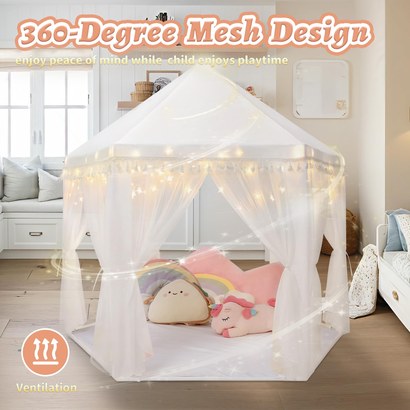 Monobeach White Princess Tent Girls Tassel Decor Large Playhouse Kids Castle Play Tent with Star Lights Toy for Children Indoor and Outdoor Games, 55'' x 53'' (White Princess Tent with Tassel)