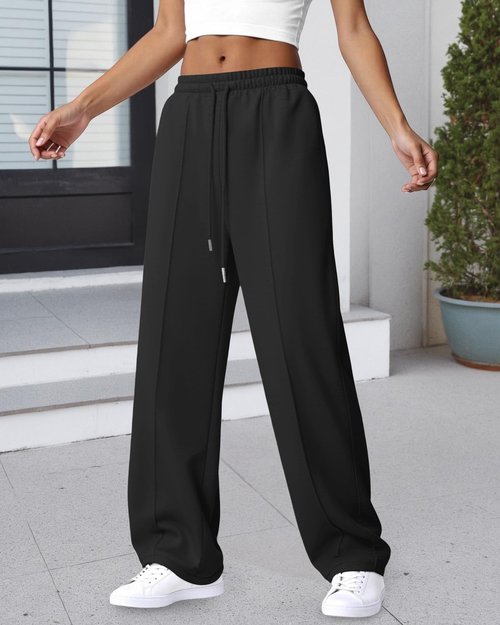 IPMQ Womens Wide Leg Sweatpants High Waisted Drawstring Sweatpant Baggy Pants with Pockets Athletic Joggers Black