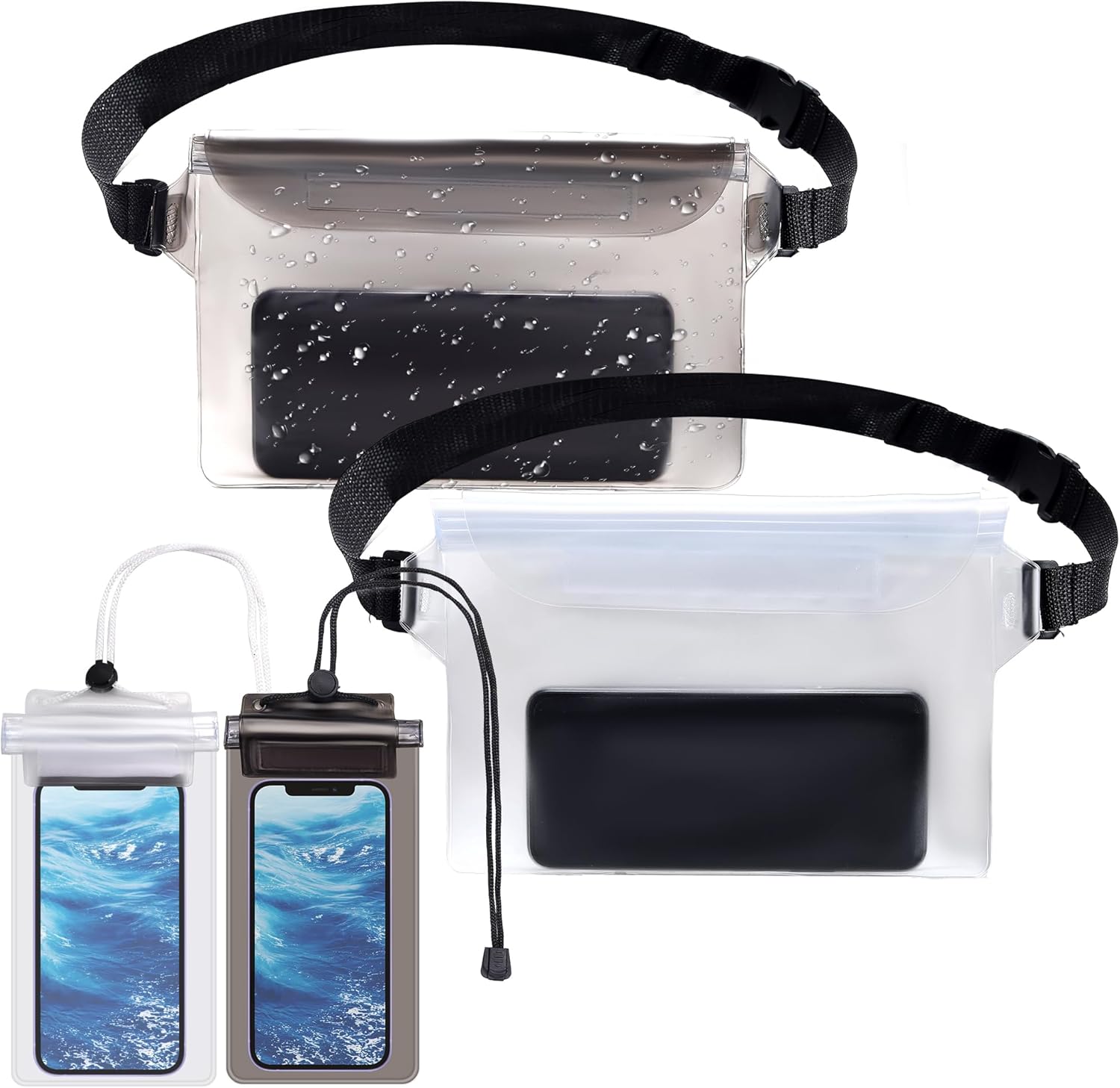 Skiennix Waterproof Fanny Pack - 4 Pack with Waist Strap & Phone Pouch for Kayaking, Beach, Travel | Black & White