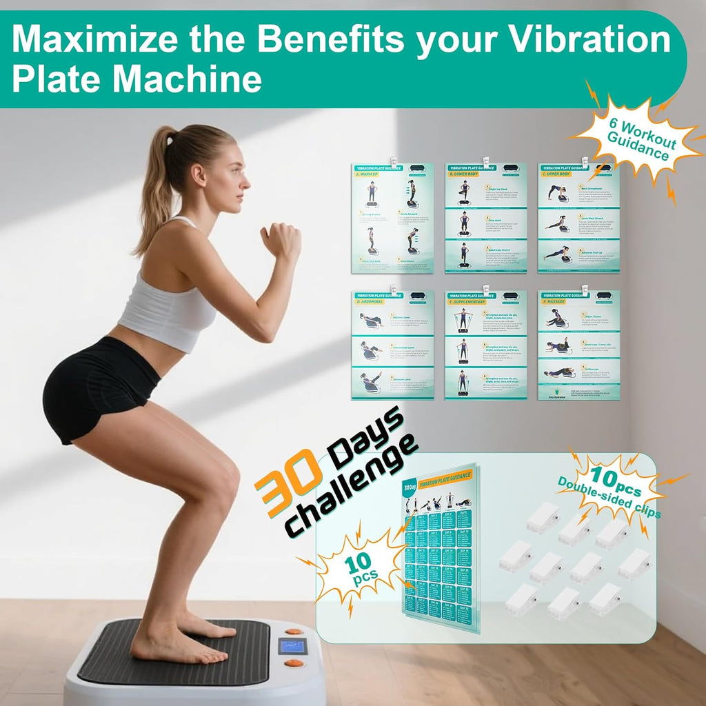 Skiennix Vibration Plate Exercise Machine Poster - Upgraded 6 Workout Guides & 10 Double-Sided Clips