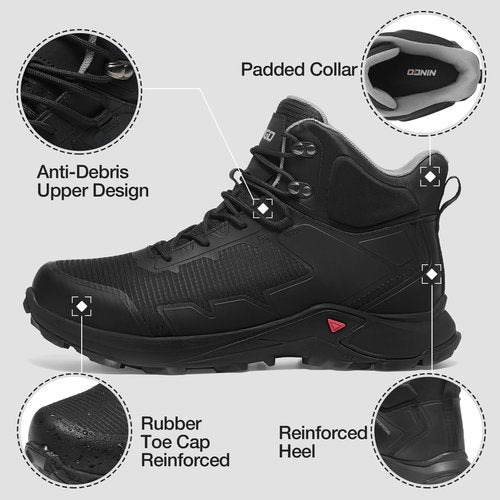 NINGO Men's Hiking Boots, Waterproof All-Terrain Hiking Shoes, Breathable Lightweight Outdoor Ankle Boots for Trekking, Backpacking, Walking, Mountaineering，Black Size 8.5