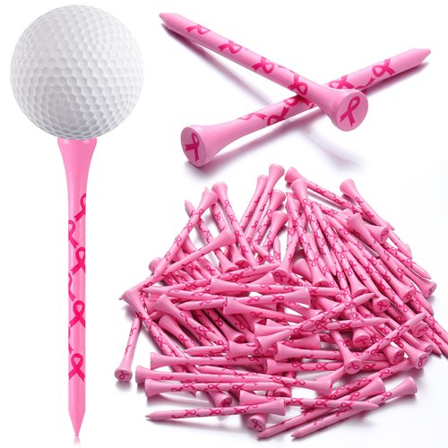 LaRandom 100 Pcs Breast Cancer Awareness Golf Tees 3 1/4" Pink Ribbon Golf Tees Funny Bamboo Golfing Gifts for Women Golfer