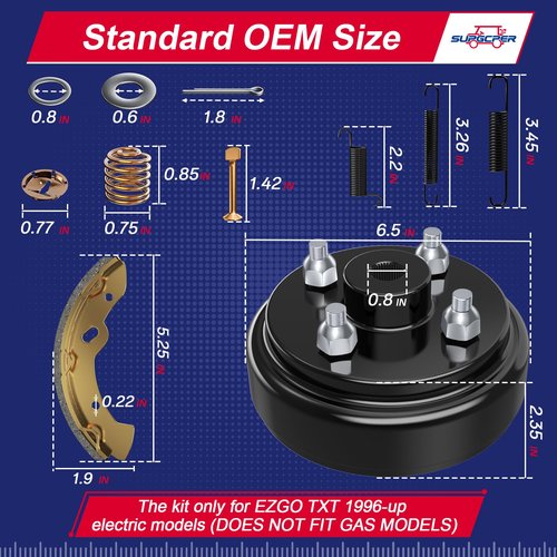 EZGO Brake Drum Kit for TXT 1996-Up Electric Vehicles，Golf Cart Brake Hub Drum Repair Kit Includes EZGO TXT Brake Drum/Hubs&Brake Shoes&Brake Spring Kit, OEM Replace#19186G1, 70794G01, 70795G01