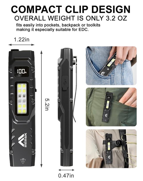 Minsk EDC Tactical Flashlight, 1500 High Lumens Rechargeable LED Flashlight, Compact 9 Modes, USB-C Rechargeable Digital Display, Pocket Flashlight for Home, Camping, Hiking, Emergency, Outdoor