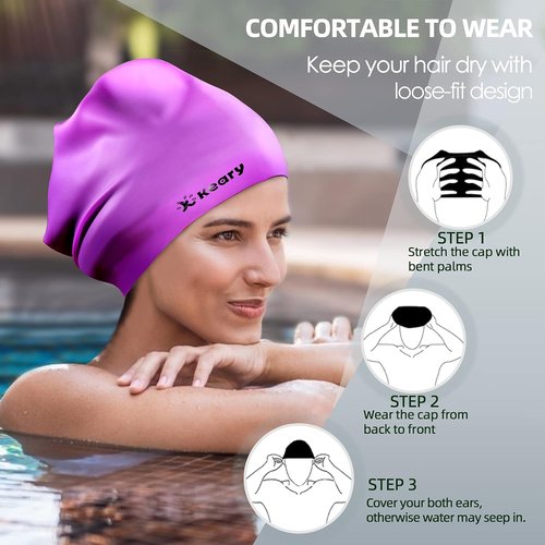 Keary Extra Large Swim Cap for Braids and Dreadlocks Extensions Weaves Long Hair, Waterproof Silicone Cover Ear Bath Pool Shower Swimming Cap for Adult Youth to Keep Hair Dry, Easy to Put On and Off