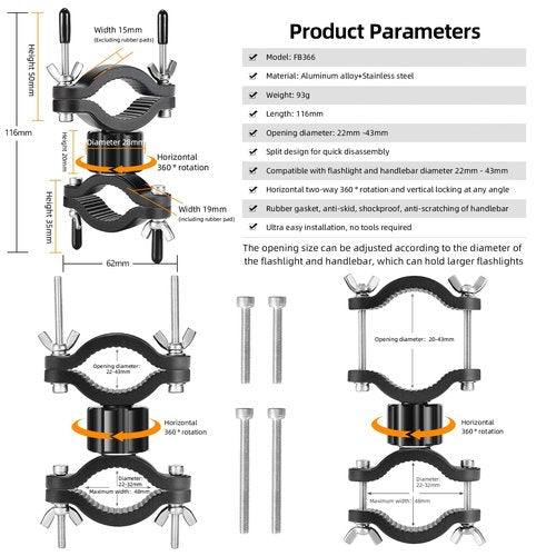 LIGHTFE Bicycle Light Mount, Bike Light Mount Bracket Use of Aluminum Alloy Material, Adjustable Big Fork Special for Big Size Hight Lumens Light, 360o Rotation Clips Holder and Battery Nuts