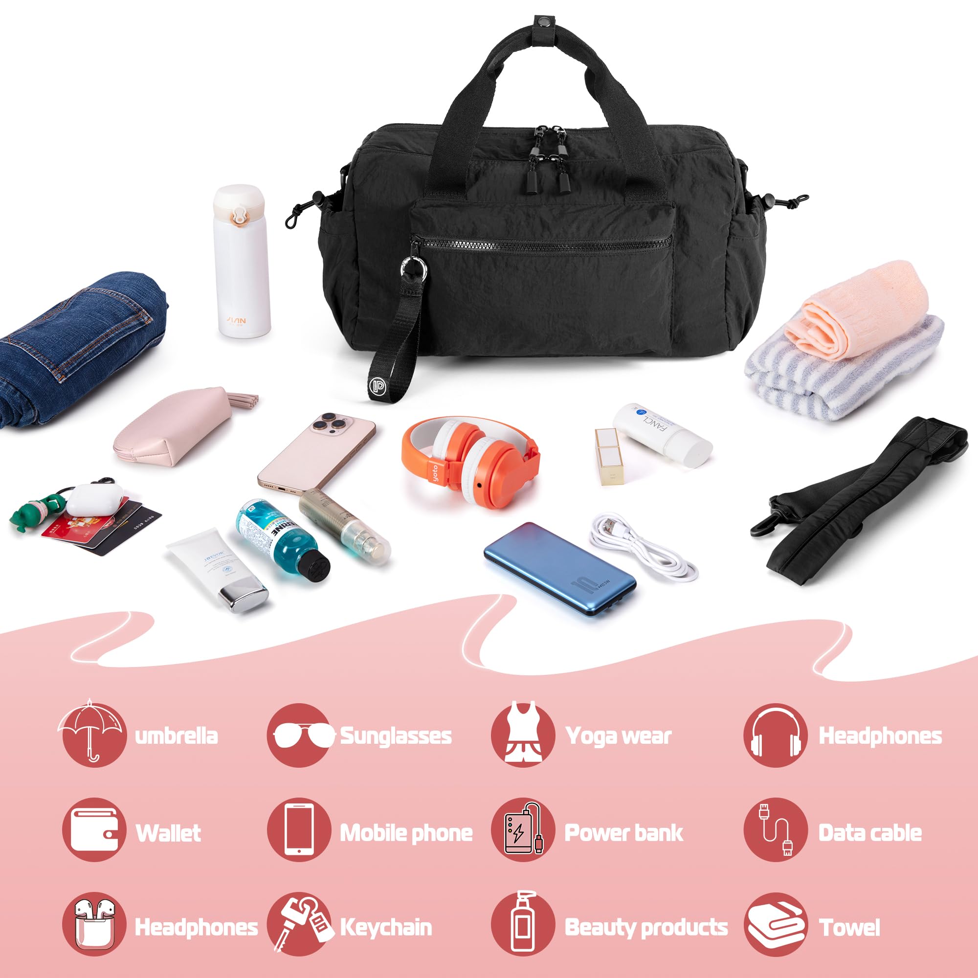 Prokva Small Gym Bag for Women, Mini Duffle Bag with Wet Compartment, 12L Travel Carry on Weekender Bag for Sports, Workout and Fitness, Black
