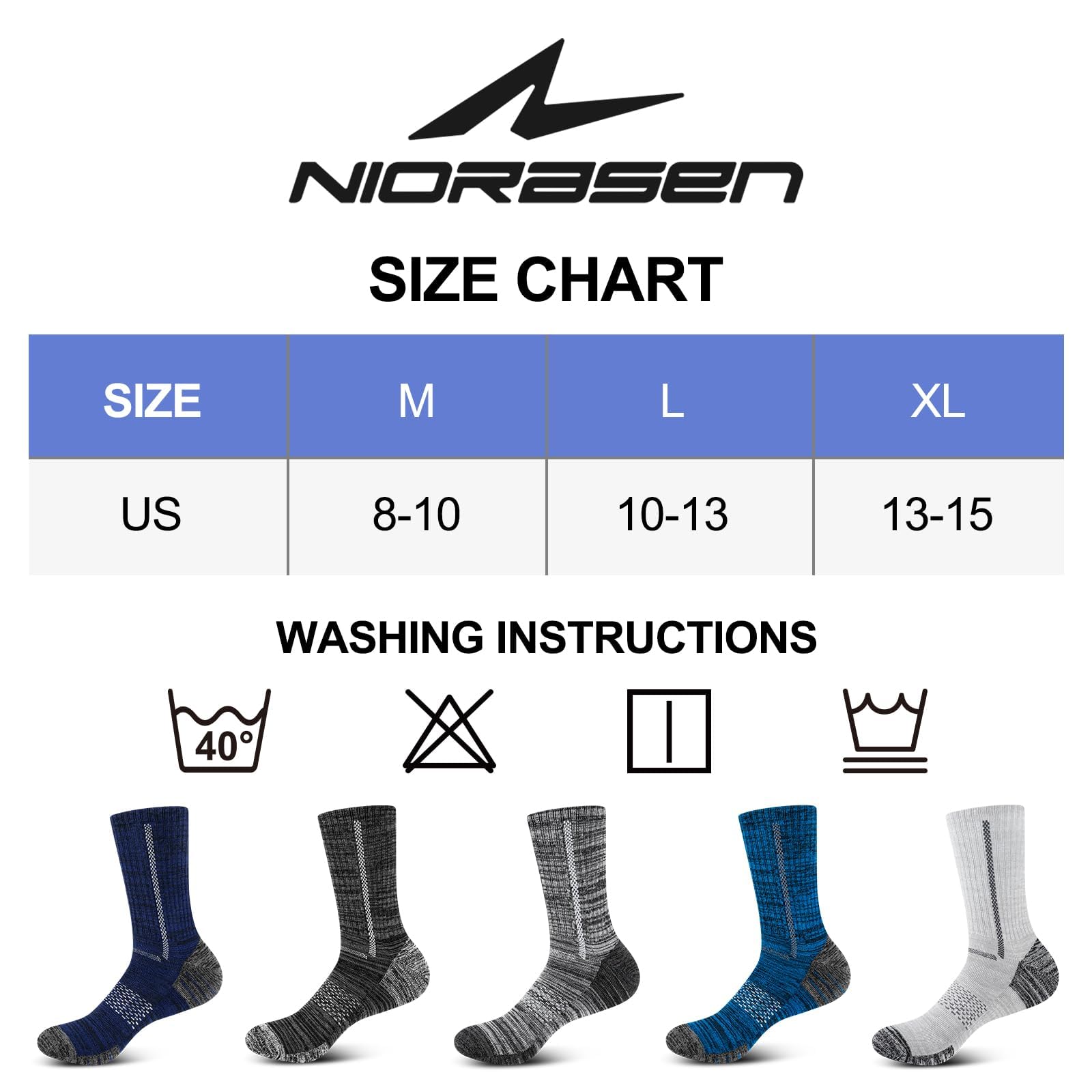 Niorasen Men's Cotton Crew Work Socks, 5 Pairs Cushioned Boot Moisture Athletic Socks for Hiking Sports Running