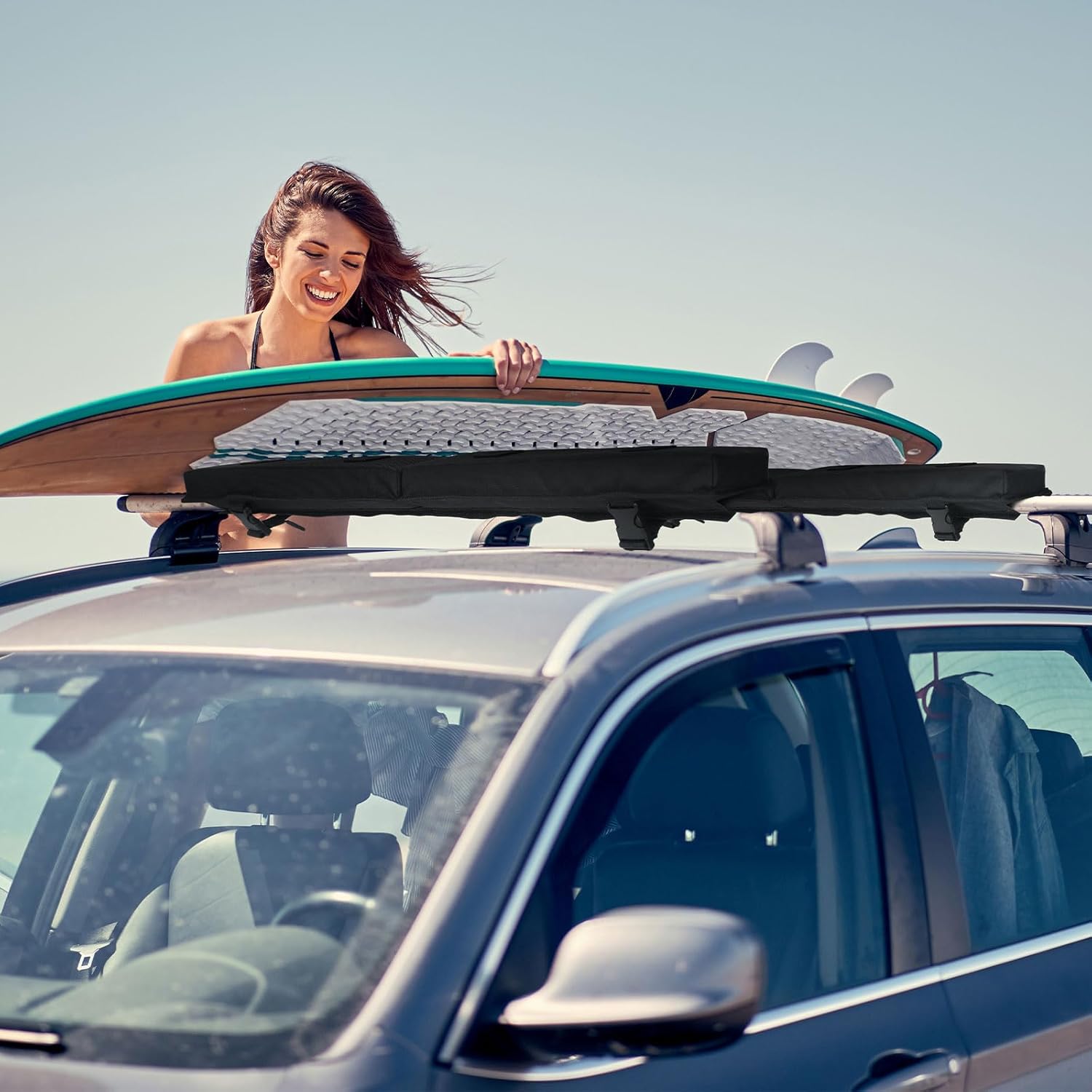 Skiennix Universal Soft Roof Rack Pads - Kayak Carrier & Surfboard Racks with 15ft Tie Down Straps | Black