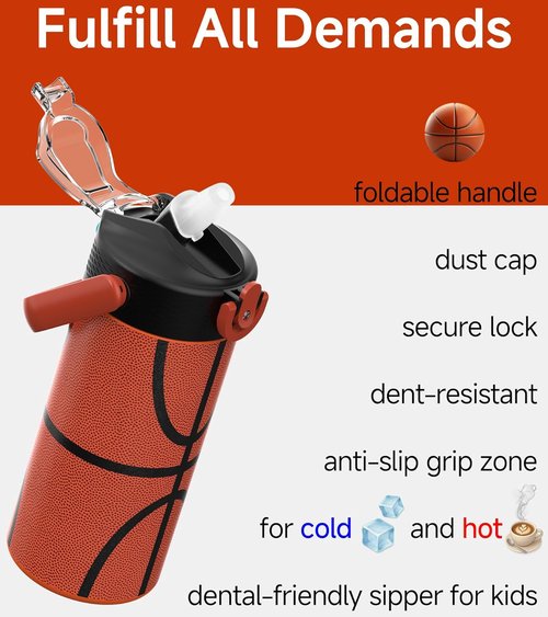 MYFOREST Insulated Kids Water Bottle - 14oz/400ml, Odor-Free Liner, Dishwasher-Safe, Soft Sipper, Basketball Gift