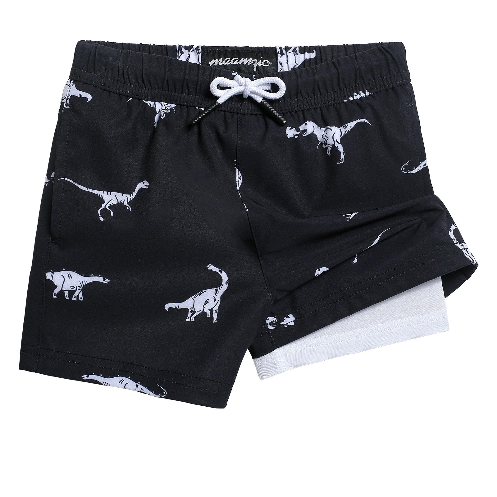 maamgic Boys Swim Trunks with Compression Liner 4-Way Stretch Quick Dry Swim Shorts Swimming Trunks Toddler Boy Dinosaur Black 2T