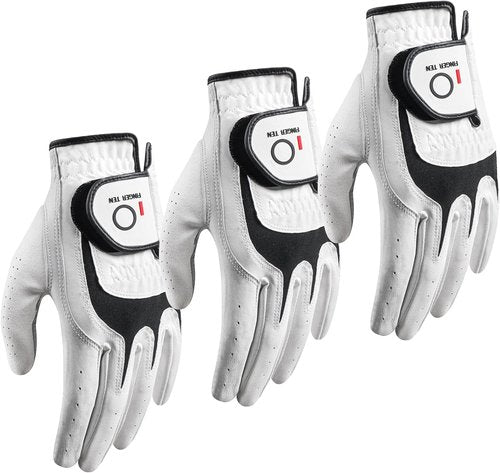 FINGER TEN Premium Golf Gloves - Cabretta Leather, All-Weather Grip, 3 Pack, Sizes S-XL for Men