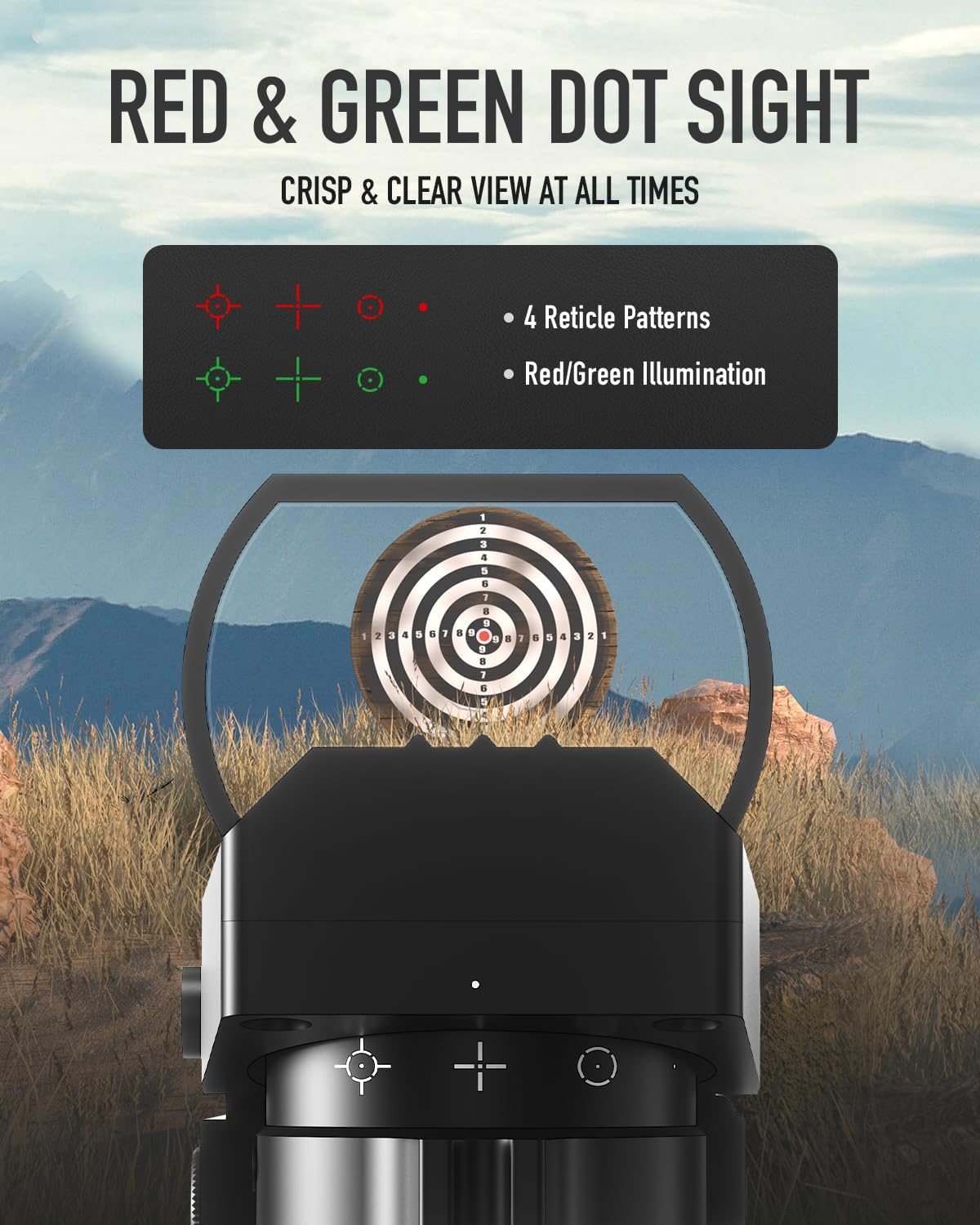 PINTY Red Dot Sight - Reflex Sight with Red/Green Dot & Multiple Reticles for Pistol/Rifle