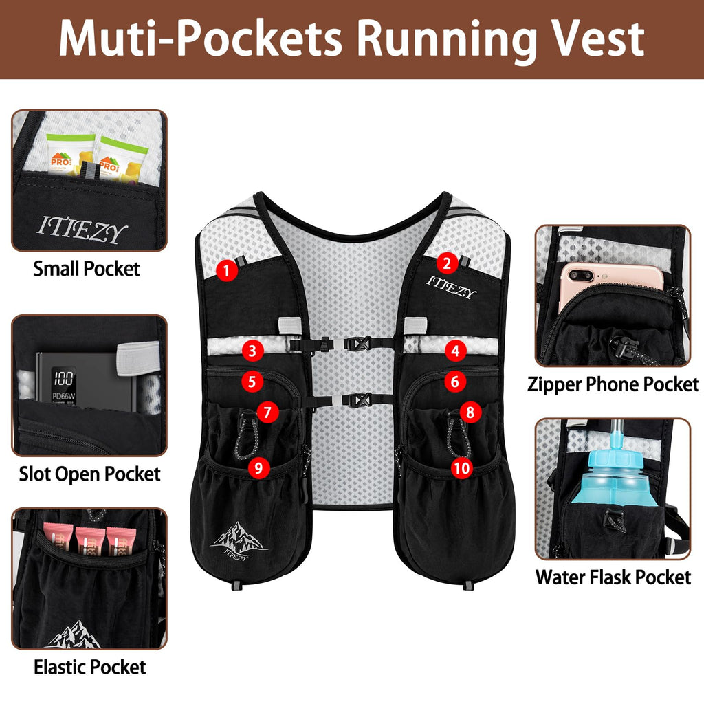 Running Hydration Vest for Women Men - Waterproof Running Water Backpack Hydration Pack with 12 Pockets, Lightweight Water Vest for Hiking Trail Cycling Marathon Race, Black