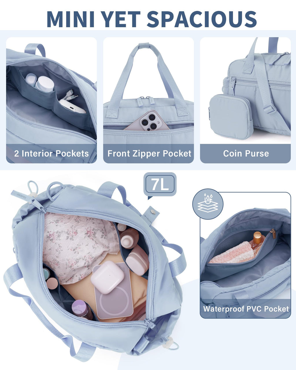 Ceneda Small Gym Bag for Women, Quilted Puffer Tote with Wet Pocket & Coin Purse, Lightweight Mini Sports Travel Duffle with Crossbody Strap, Water-Resistant for Workout, Yoga, Daily Commute