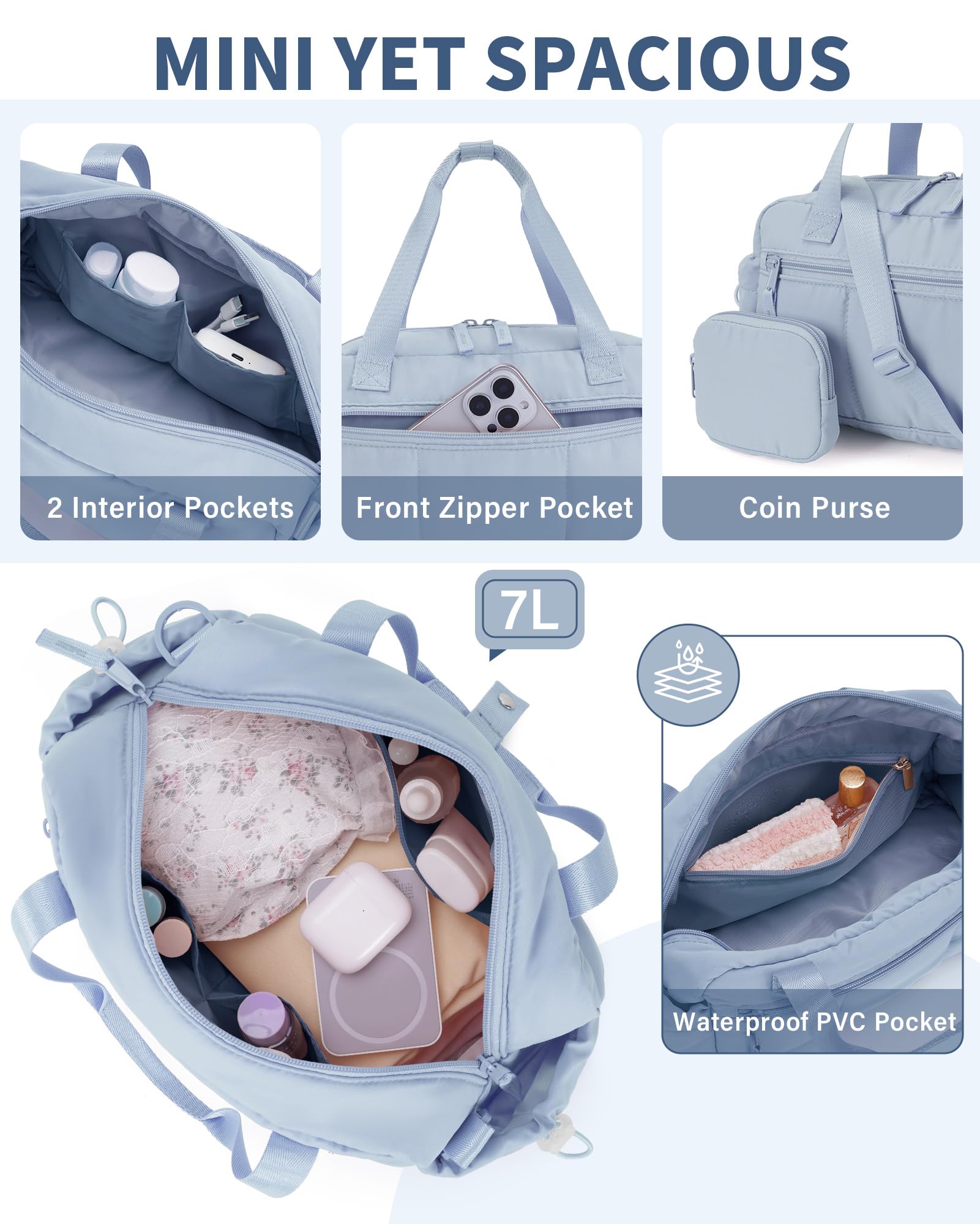 Ceneda Small Gym Bag for Women, Quilted Puffer Tote with Wet Pocket & Coin Purse, Lightweight Mini Sports Travel Duffle with Crossbody Strap, Water-Resistant for Workout, Yoga, Daily Commute
