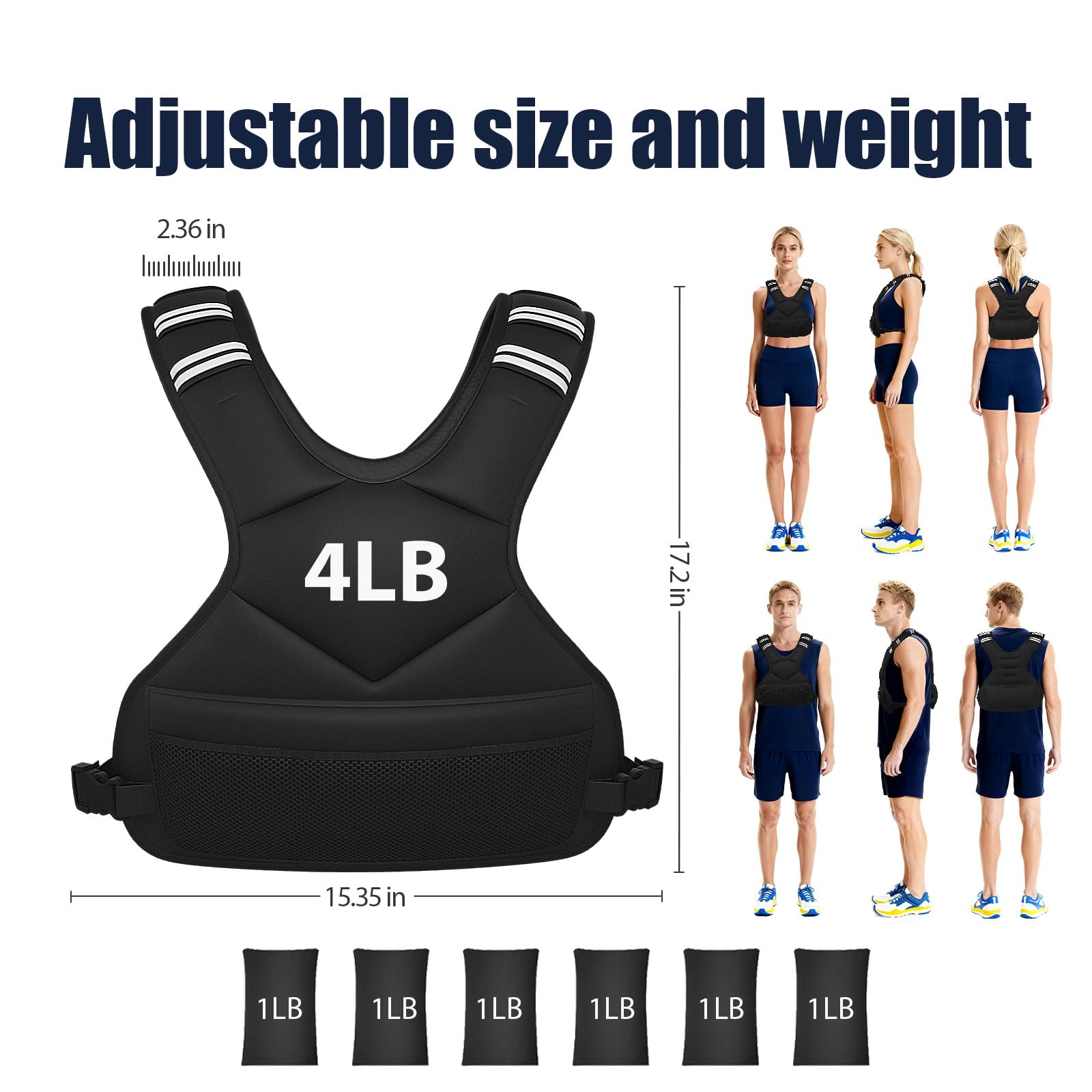 Ragebby Adjustable Weighted Vest for Women Men, 4-10lb Vest with 6 Ironsand Weights, Weight Vest with Reflective Strip for Running, Walking, Exercise, Strength Training